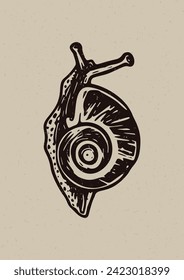 Handmade linocut snail vector motif clipart in folkart scandi style. Simple monochrome bug block print shapes with woodcut paper texture effect