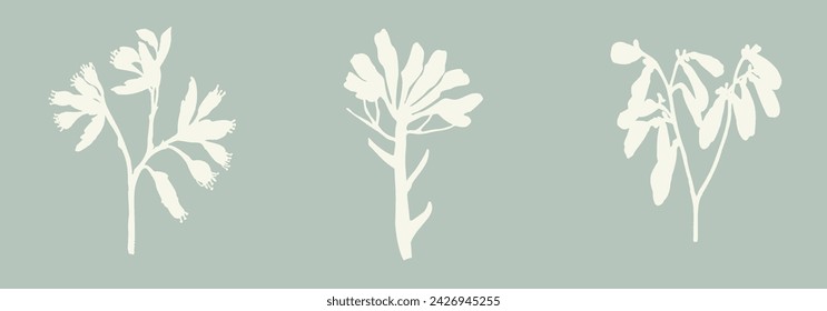 Handmade linocut sprig wildflower collection vector motif clipart in folkart scandi style. Simple monochrome block print shapes with woodcut white chic effect set.