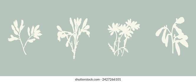 Handmade linocut sprig wildflower collection vector motif clipart in folkart scandi style. Simple monochrome block print shapes with woodcut white chic effect set.