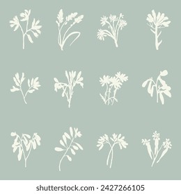 Handmade linocut sprig wildflower collection vector motif clipart in folkart scandi style. Simple monochrome block print shapes with woodcut white chic effect set.