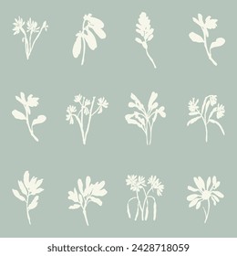 Handmade linocut sprig wildflower collection vector motif clipart in folkart scandi style. Simple monochrome block print shapes with woodcut white chic effect set.