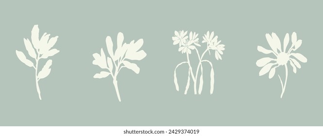 Handmade linocut sprig wildflower collection vector motif clipart in folkart scandi style. Simple monochrome block print shapes with woodcut white chic effect set.