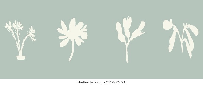 Handmade linocut sprig wildflower collection vector motif clipart in folkart scandi style. Simple monochrome block print shapes with woodcut white chic effect set.