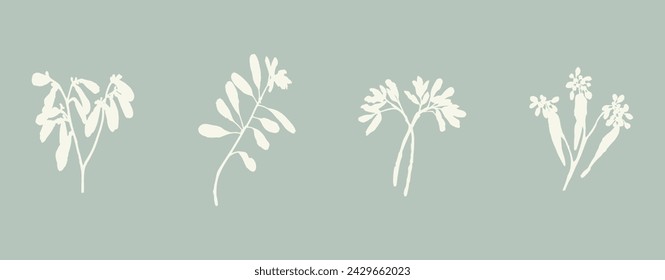 Handmade linocut sprig wildflower collection vector motif clipart in folkart scandi style. Simple monochrome block print shapes with woodcut white chic effect set.