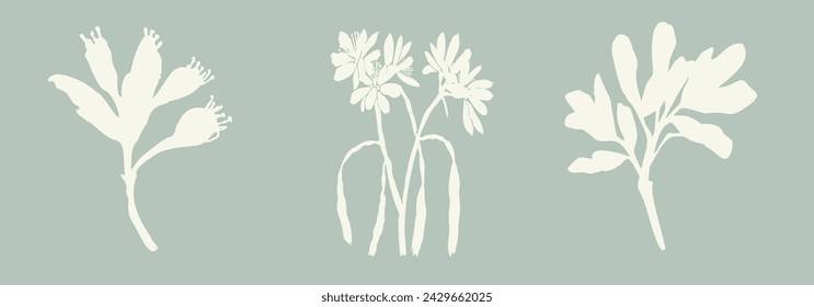 Handmade linocut sprig wildflower collection vector motif clipart in folkart scandi style. Simple monochrome block print shapes with woodcut white chic effect set.