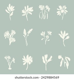 Handmade linocut sprig wildflower collection vector motif clipart in folkart scandi style. Simple monochrome block print shapes with woodcut white chic effect set.