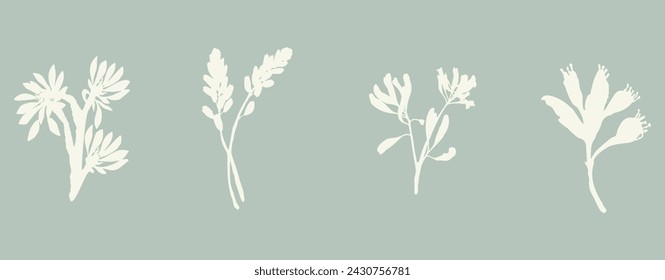 Handmade linocut sprig wildflower collection vector motif clipart in folkart scandi style. Simple monochrome block print shapes with woodcut white chic effect set.