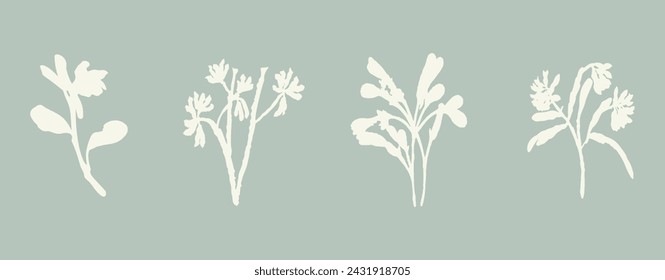 Handmade linocut sprig wildflower collection vector motif clipart in folkart scandi style. Simple monochrome block print shapes with woodcut white chic effect set.