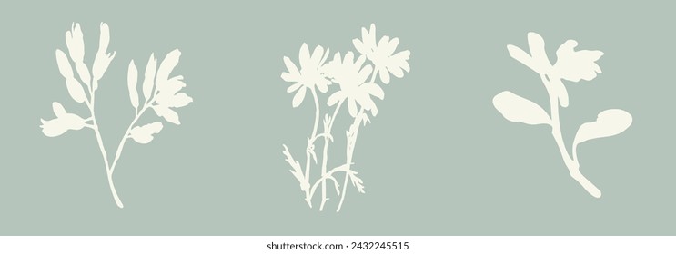 Handmade linocut sprig wildflower collection vector motif clipart in folkart scandi style. Simple monochrome block print shapes with woodcut white chic effect set.