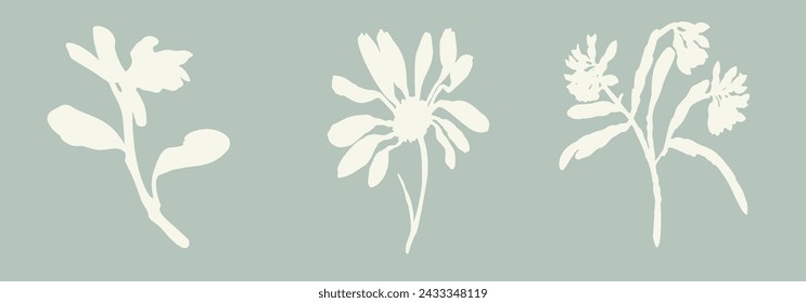 Handmade linocut sprig wildflower collection vector motif clipart in folkart scandi style. Simple monochrome block print shapes with woodcut white chic effect set.