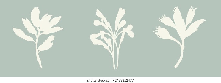 Handmade linocut sprig wildflower collection vector motif clipart in folkart scandi style. Simple monochrome block print shapes with woodcut white chic effect set.