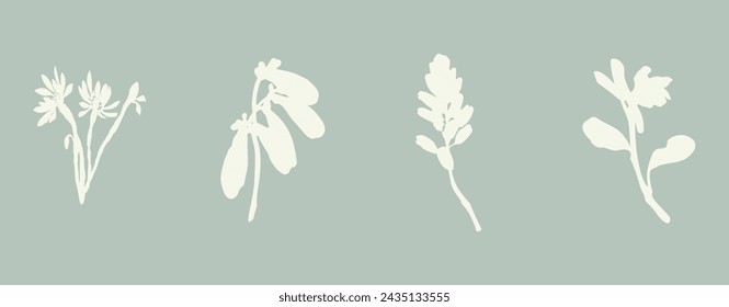 Handmade linocut sprig wildflower collection vector motif clipart in folkart scandi style. Simple monochrome block print shapes with woodcut white chic effect set.