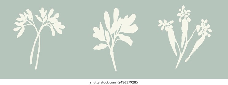 Handmade linocut sprig wildflower collection vector motif clipart in folkart scandi style. Simple monochrome block print shapes with woodcut white chic effect set.