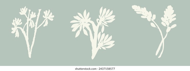 Handmade linocut sprig wildflower collection vector motif clipart in folkart scandi style. Simple monochrome block print shapes with woodcut white chic effect set.