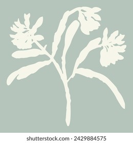 Handmade linocut sprig wildflower vector motif clipart in folkart scandi style. Simple monochrome block print shapes with woodcut white chic effect.