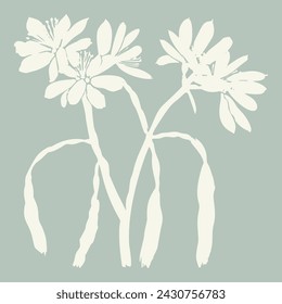 Handmade linocut sprig wildflower vector motif clipart in folkart scandi style. Simple monochrome block print shapes with woodcut white chic effect.