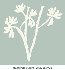 Handmade linocut sprig wildflower vector motif clipart in folkart scandi style. Simple monochrome block print shapes with woodcut white chic effect.