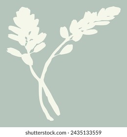 Handmade linocut sprig wildflower vector motif clipart in folkart scandi style. Simple monochrome block print shapes with woodcut white chic effect.