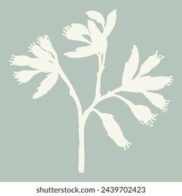 Handmade linocut sprig wildflower vector motif clipart in folkart scandi style. Simple monochrome block print shapes with woodcut white chic effect.