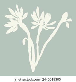 Handmade linocut sprig wildflower vector motif clipart in folkart scandi style. Simple monochrome block print shapes with woodcut white chic effect.