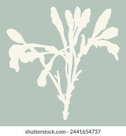 Handmade linocut sprig wildflower vector motif clipart in folkart scandi style. Simple monochrome block print shapes with woodcut white chic effect.