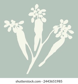 Handmade linocut sprig wildflower vector motif clipart in folkart scandi style. Simple monochrome block print shapes with woodcut white chic effect.