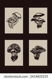 Handmade linocut vector mushroom motif clipart in folkart scandi style. Set of simple monochrome block print shapes with woodcut paper texture effect.