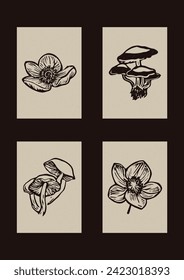 Handmade linocut wildflower mushroom vector motif clipart in folkart scandi style. Simple monochrome block print shapes with woodcut paper texture effect. 