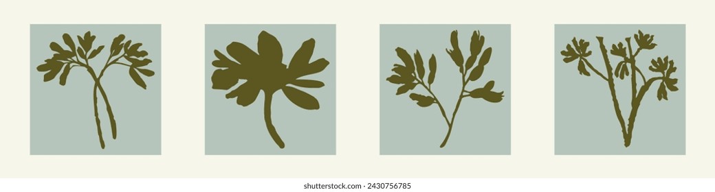 Handmade linocut wildflower set vector motif clipart in whimsical scandi style. Folkart simple block print sprig shapes with woodcut effect collection.