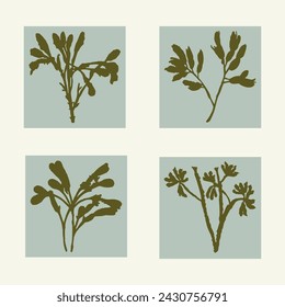 Handmade linocut wildflower set vector motif clipart in whimsical scandi style. Folkart simple block print sprig shapes with woodcut effect collection.