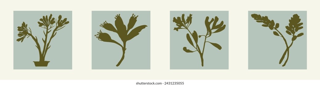 Handmade linocut wildflower set vector motif clipart in whimsical scandi style. Folkart simple block print sprig shapes with woodcut effect collection.