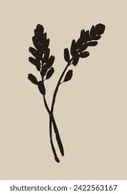 Handmade linocut wildflower sprig vector motif clipart in folkart scandi style. Simple monochrome block print shapes with woodcut paper texture effect. 