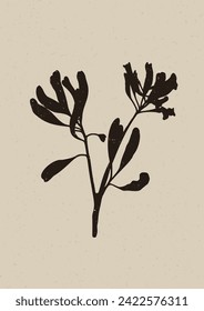 Handmade linocut wildflower sprig vector motif clipart in folkart scandi style. Simple monochrome block print shapes with woodcut paper texture effect. 