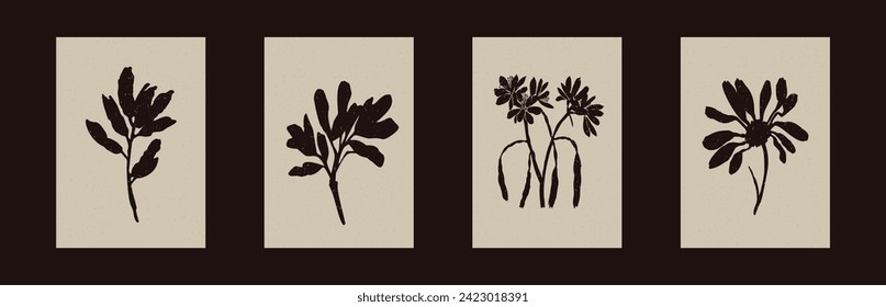 Handmade linocut wildflower sprig vector motif clipart in folkart scandi style. Simple monochrome block print shapes with woodcut paper texture effect. 