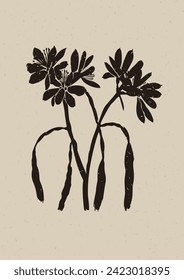 Handmade linocut wildflower sprig vector motif clipart in folkart scandi style. Simple monochrome block print shapes with woodcut paper texture effect. 