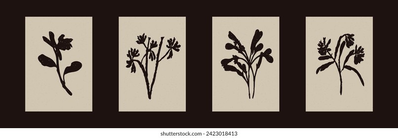 Handgefertigte linocut wildblume sprig Vektormotif Clipkunst im Stil von Folkart Skandi. Einfache, monochrome Blockdruckformen mit holzgeschnittenem Papiertextureffekt. 