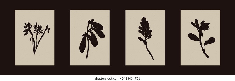 Handmade linocut wildflower sprig vector motif clipart in folkart scandi style. Simple monochrome block print shapes with woodcut paper texture effect. 