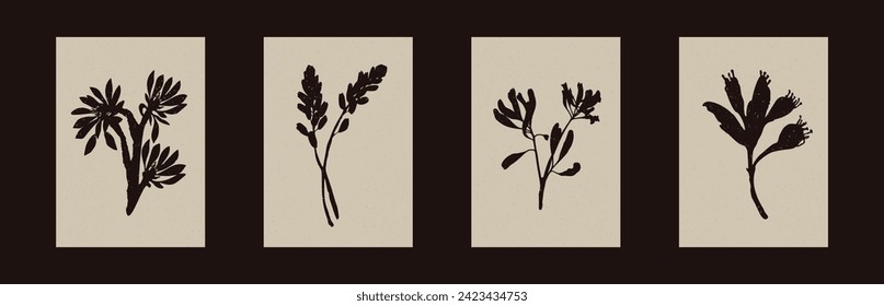 Handmade linocut wildflower sprig vector motif clipart in folkart scandi style. Simple monochrome block print shapes with woodcut paper texture effect. 