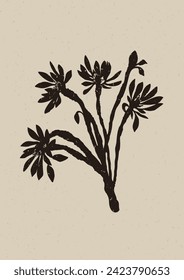 Handmade linocut wildflower sprig vector motif clipart in folkart scandi style. Simple monochrome block print shapes with woodcut paper texture effect. 