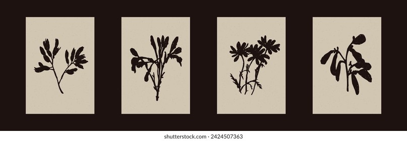 Handmade linocut wildflower sprig vector motif clipart in folkart scandi style. Simple monochrome block print shapes with woodcut paper texture effect. 