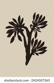 Handmade linocut wildflower sprig vector motif clipart in folkart scandi style. Simple monochrome block print shapes with woodcut paper texture effect. 