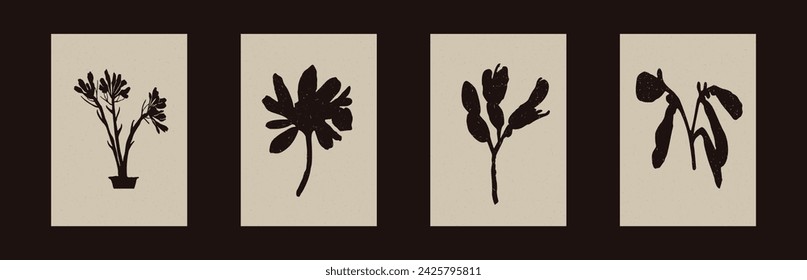 Handmade linocut wildflower sprig vector motif clipart in folkart scandi style. Simple monochrome block print shapes with woodcut paper texture effect. 