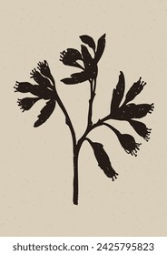 Handmade linocut wildflower sprig vector motif clipart in folkart scandi style. Simple monochrome block print shapes with woodcut paper texture effect. 