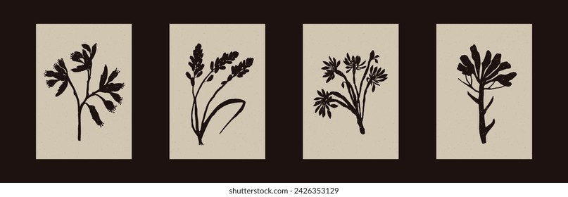 Vector de primavera de linóculo hecho a mano clipart en estilo escandi folkart. Formas simples de impresión de bloque monocromo con efecto de textura de papel tallado en madera. 