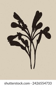 Handmade linocut wildflower sprig vector motif clipart in folkart scandi style. Simple monochrome block print shapes with woodcut paper texture effect. 