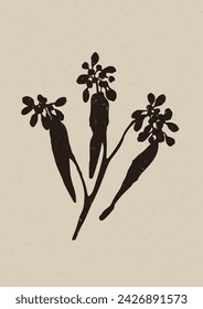 Vector de primavera de linóculo hecho a mano clipart en estilo escandi folkart. Formas simples de impresión de bloque monocromo con efecto de textura de papel tallado en madera. 