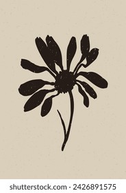 Handmade linocut wildflower sprig vector motif clipart in folkart scandi style. Simple monochrome block print shapes with woodcut paper texture effect. 