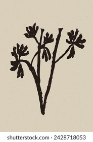 Handmade linocut wildflower sprig vector motif clipart in folkart scandi style. Simple monochrome block print shapes with woodcut paper texture effect. 