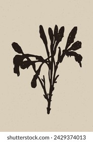 Handmade linocut wildflower sprig vector motif clipart in folkart scandi style. Simple monochrome block print shapes with woodcut paper texture effect. 