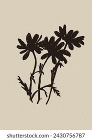 Handmade linocut wildflower sprig vector motif clipart in folkart scandi style. Simple monochrome block print shapes with woodcut paper texture effect. 